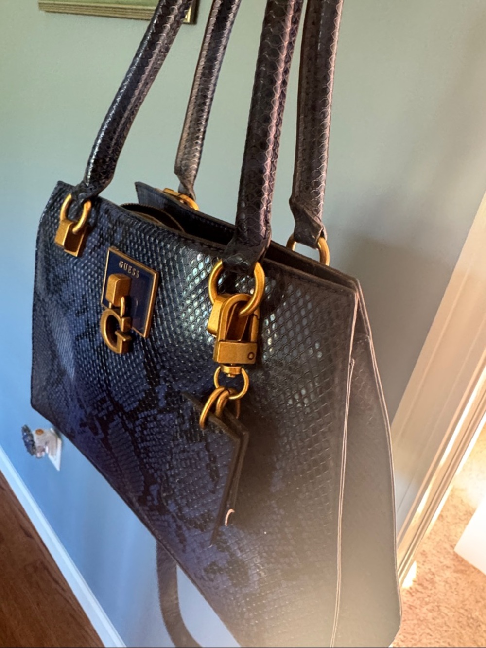 GUESS Navy Textured Satchel with Gold Hardware - Picture 3 of 4